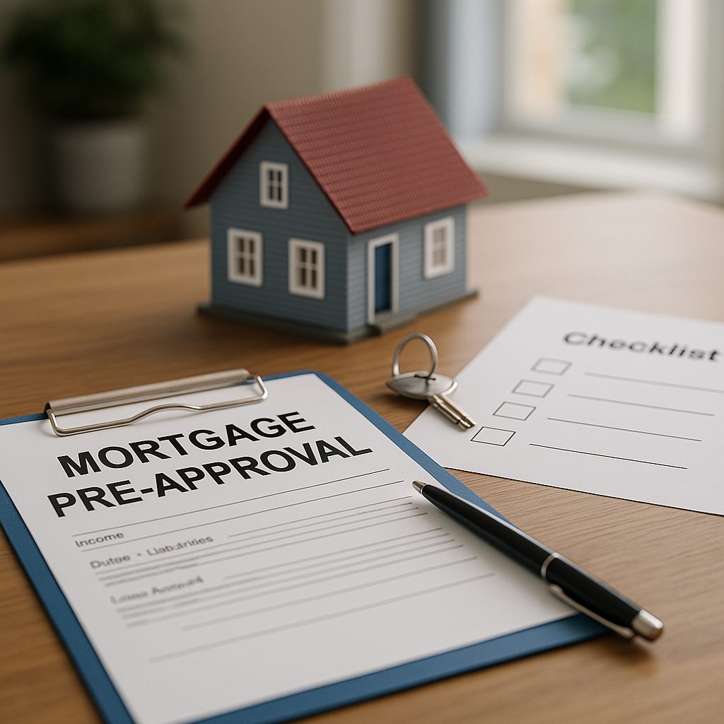 Halifax home mortgage pre-approval paperwork on desk with house keys and model home representing real estate in Halifax Regional Municipality.
